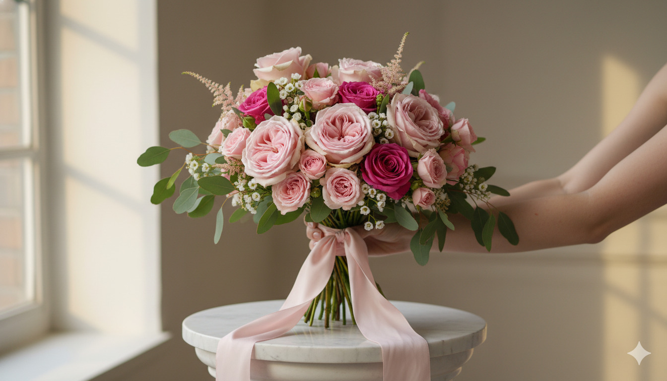 Rose Elegance bouquet with pink roses and eucalyptus